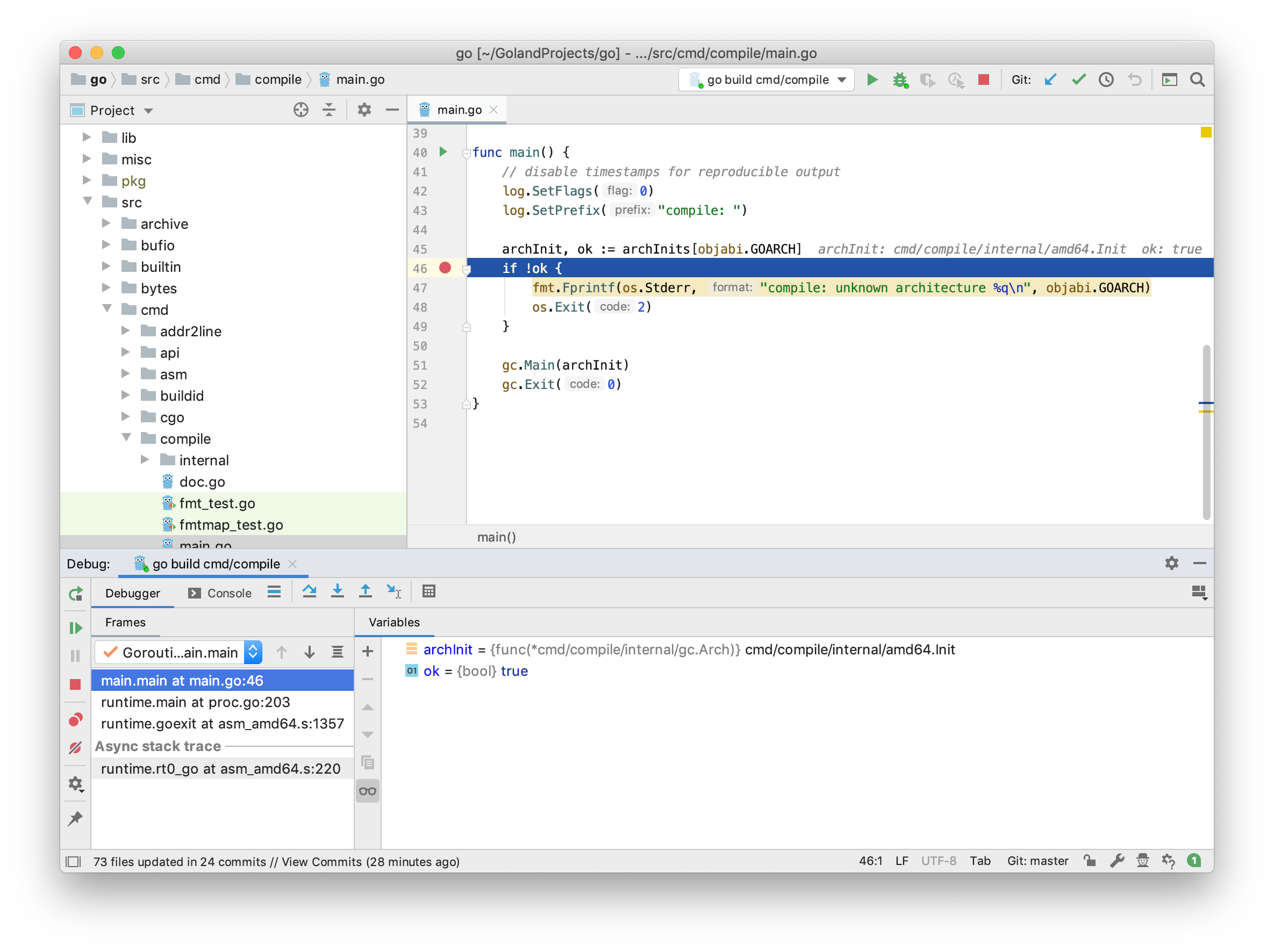 Debug go build cmd/compile