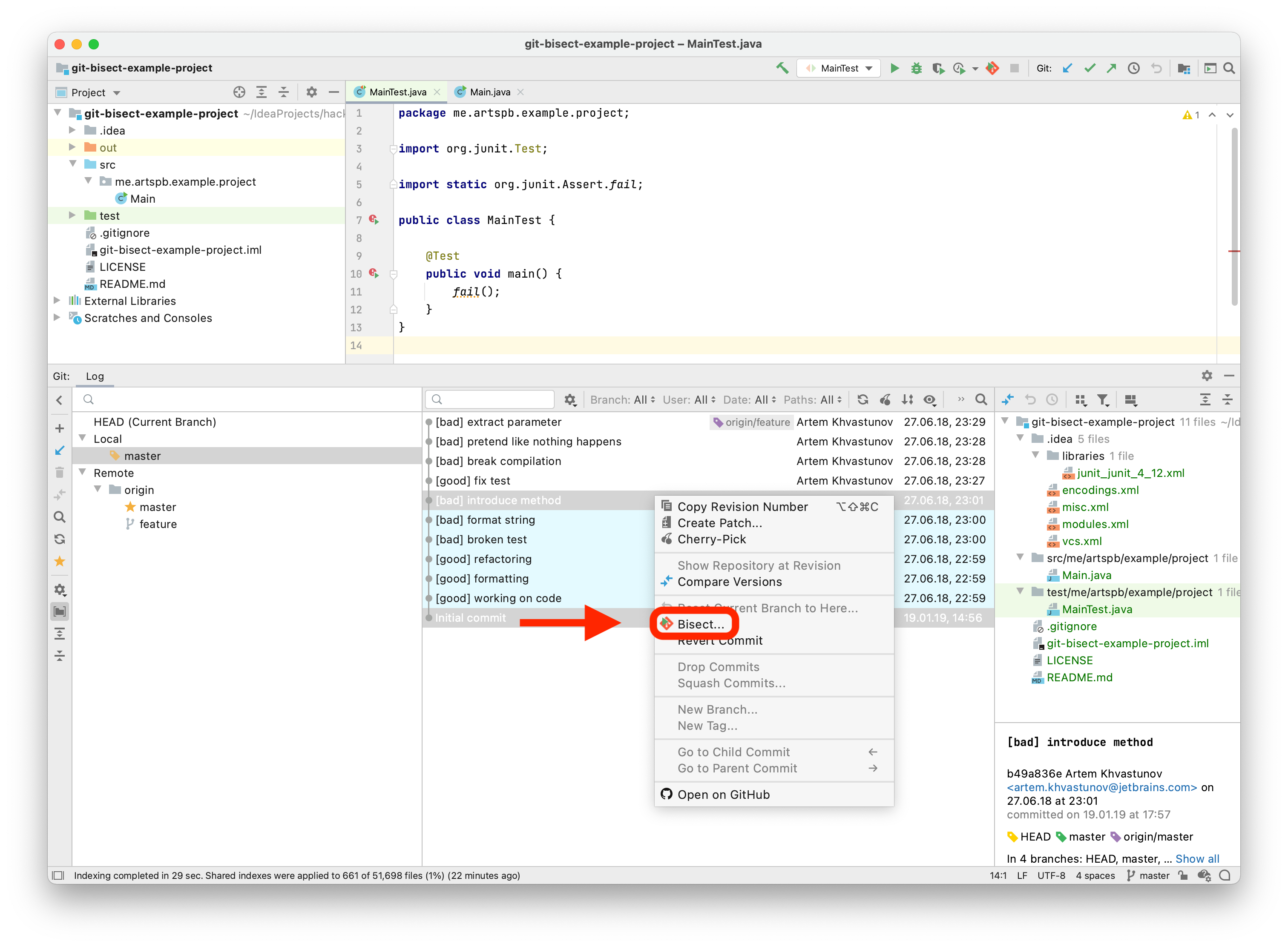 Bisect from Git log